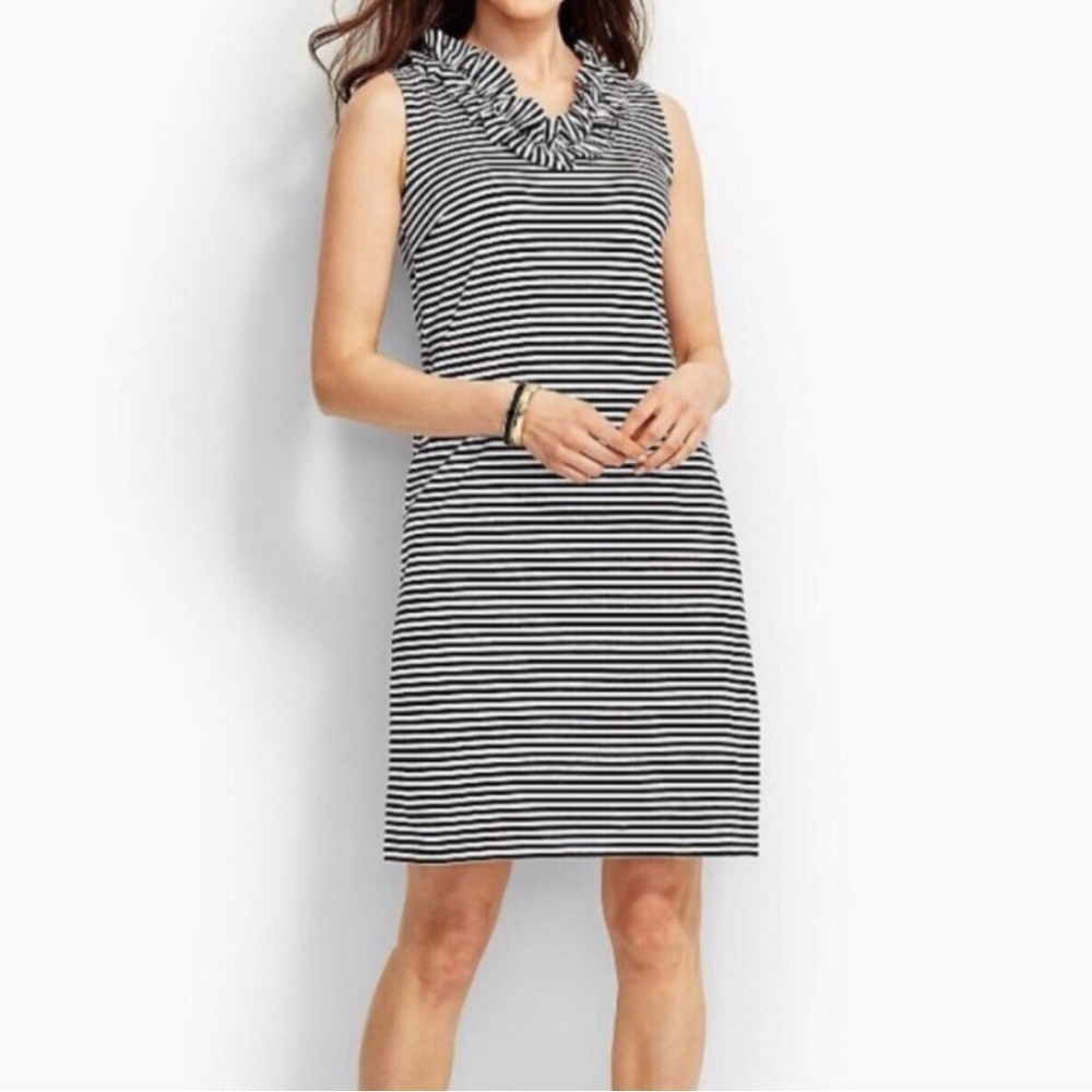 Talbots Black and White Striped Ruffle-Neck Sleeveless Mini Dress